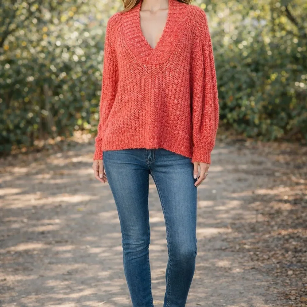 Anthropologie Vibrant Coral V-Neck Sweater S - Picture 10 of 13